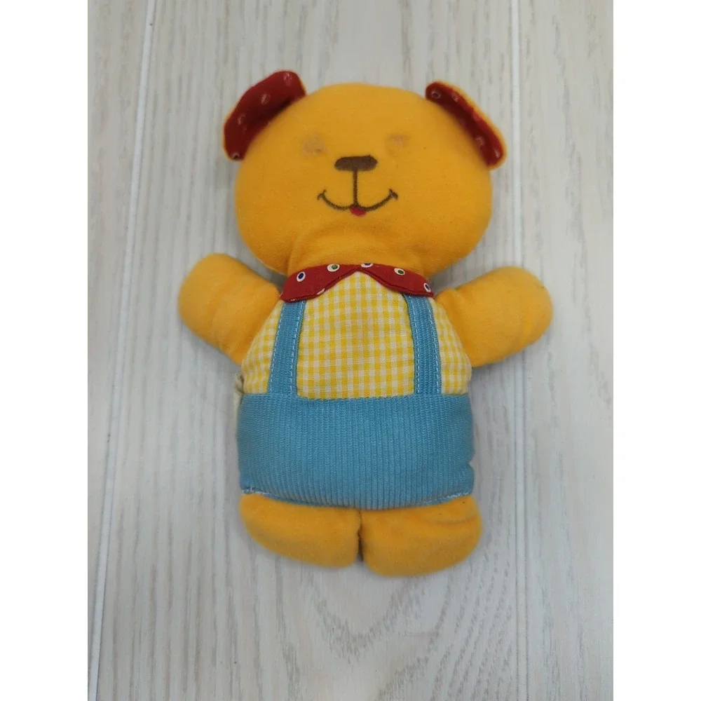 Knickerbocker yellow checked teddy bear vintage‎ plush rattle red blue overalls